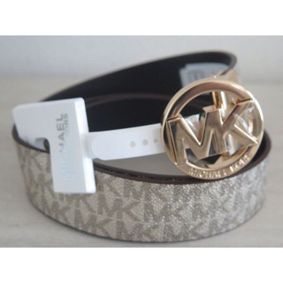 Michael Kors 556178C 715 Women Sz S Reversible Pale Gold/Chocolate Logo MK Belt - Picture 6 of 8